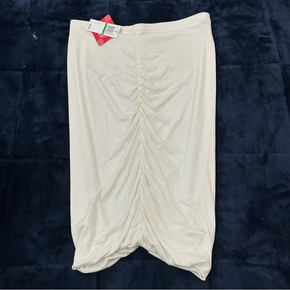 Izzy & Me White Ribbed Bodycon Midi Ruching Stretch Skirt Women’s L Waist 15”